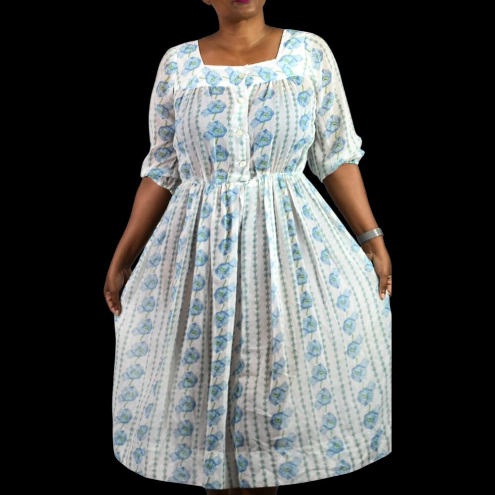 Vintage Serbin Muriel Ryan Dress White Floral Square Neck Blue Midi Sheer Small